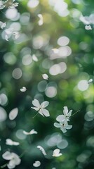 Fototapeta premium Delicate white petals drifting mid-air with a soft bokeh background of greenery. 8k UHD, suitable for high-quality printing or digital display. 