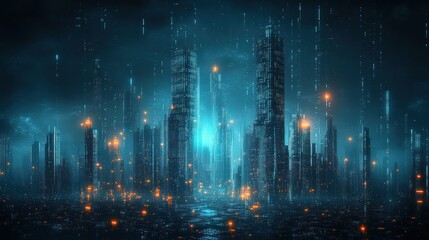 Futuristic city at night with glowing skyscrapers and digital rain.