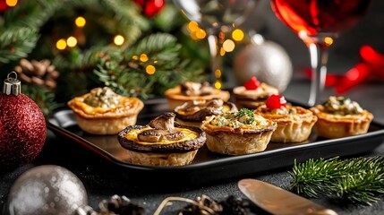 Naklejka premium Delectable tray of festive appetizers featuring mini quiches and savory stuffed mushrooms beautifully presented on a holiday table setting for elegant entertaining and celebratory gatherings