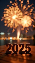 A firework display with the number 2025  written in wood