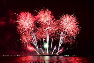 People with colorful fireworks celebration and the midnight sky background at the seaside.