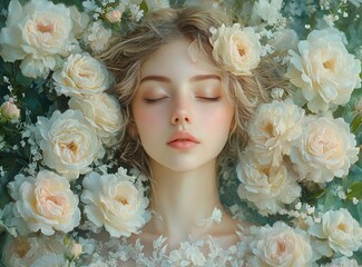 Naklejka premium Beauty Image of a Woman with White Roses in Ethereal Style for Skincare Haircare and Aesthetics