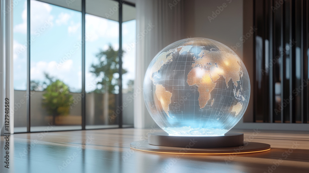 Wall mural digital holographic projection of glowing map globe displayed in modern interior with large windows 