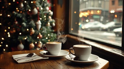 Cozy and inviting Christmas themed caf with a decorated tree twinkling fairy lights and steaming cups of coffee or mulled wine on wooden tables