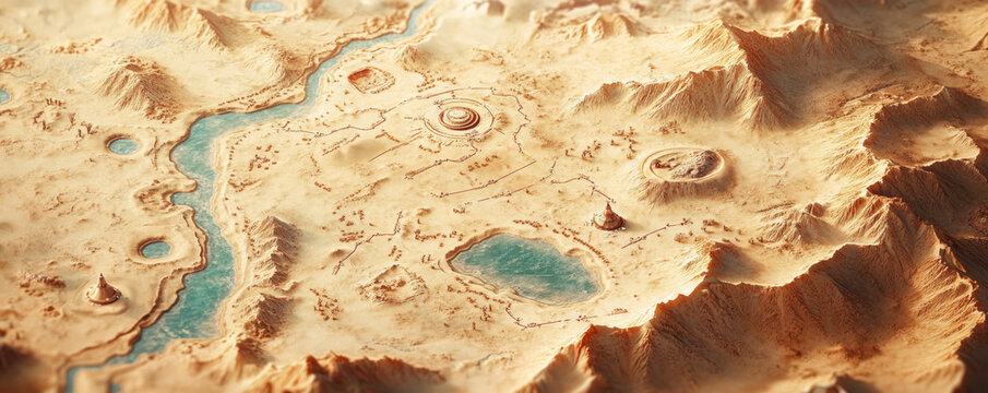 detailed map of desert landscape featuring marked oases, rivers, mountains, and ancient ruins, evoking sense of exploration and adventure