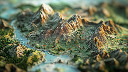 high detail geographical map showcasing mountain reliefs, rivers, forests, and small settlements, with vibrant and realistic 3D perspective that highlights natural terrain features