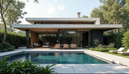 Fototapeta premium Modern house with minimalist design. Large windows overlook swimming pool, rich landscaping. Outdoor dining area with wooden furniture. Relaxing scene. Contemporary architecture integrates seamlessly