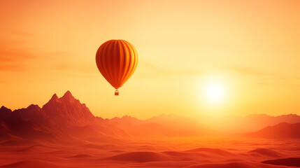 Fototapeta premium hot air balloon floats in vibrant sunset over mountains, evoking serenity
