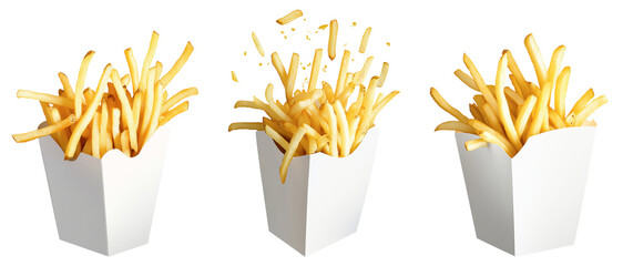 High-Quality PNG French fries bursting out from white paper box Isolated on White Background – High Resolution