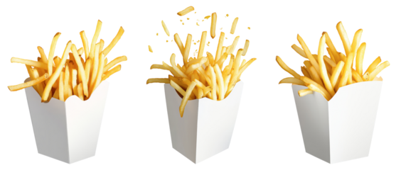 High-Quality PNG French fries bursting out from white paper box Isolated on White Background – High Resolution
