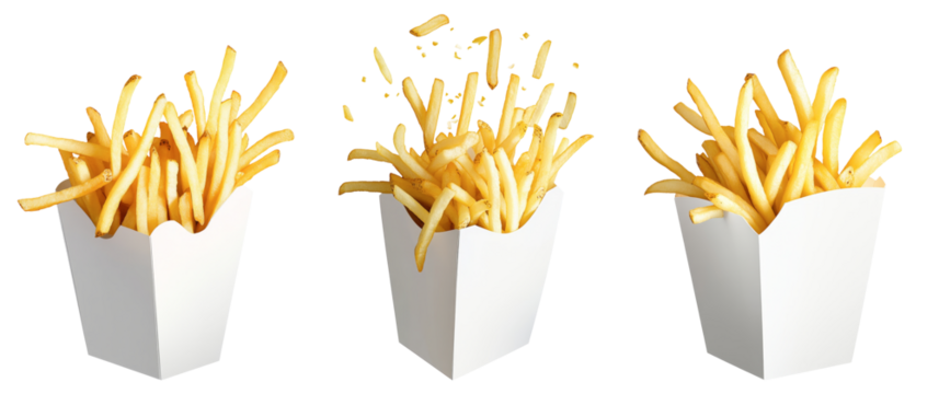 High-Quality PNG French fries bursting out from white paper box Isolated on White Background – High Resolution
