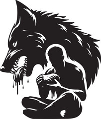 A Wolf Has Eating In The Man Silhouette vector, A Wolf Has Eating In The Man black vector illustration