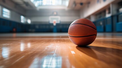 Basketball on hardwood court. Concept of sport, competition, and game.