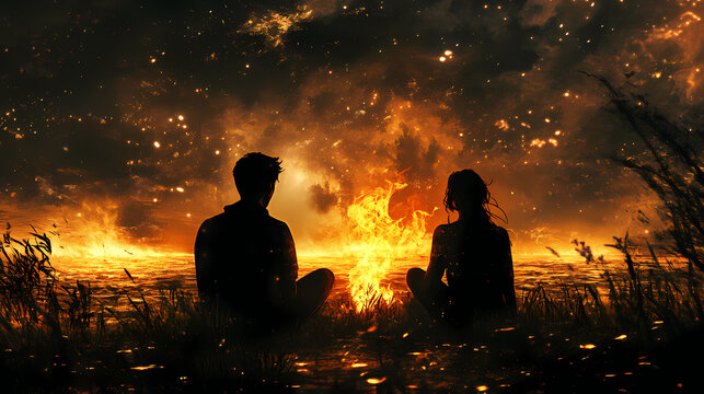 Shadowy tradition by the fire, mystical fables told in a burning void, intricate digital artwork. Fable. Illustration