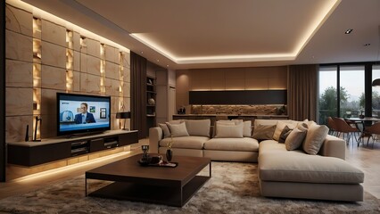 A high-end 3D rendered modern living room with a large sectional sofa, LED lighting behind the TV wall, and smart-home ambient lights in warm tones.