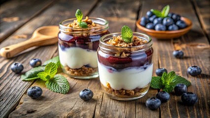 Layered Yogurt Parfait with Berries and Granola in Glass Jars