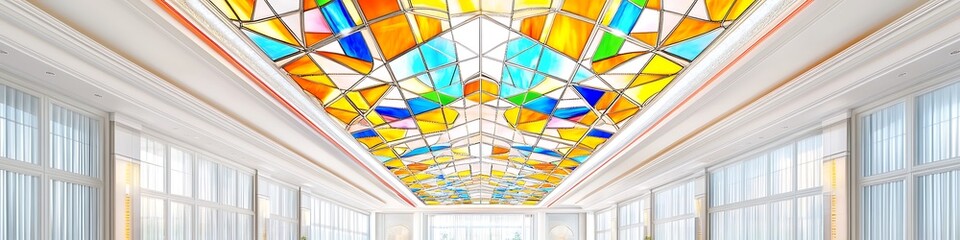 Fototapeta premium Vibrant stained glass ceiling with colorful patterns in a bright and airy lounge