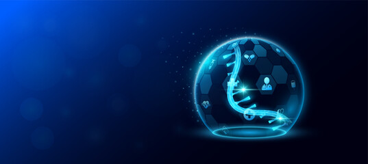 RNA Chromosome cell human inside transparent dome shield protection futuristic with medical icon. Technology innovation health care. Empty space for text. Medical science banner. Vector.