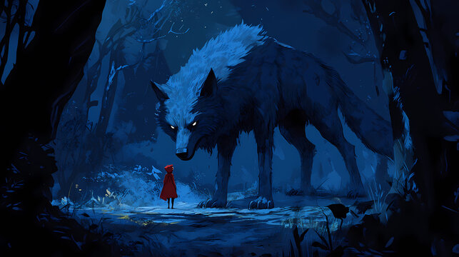 The classic fable big bad wolf, the wolf stands upright in dark , the wicked wolf. Fable. Illustration