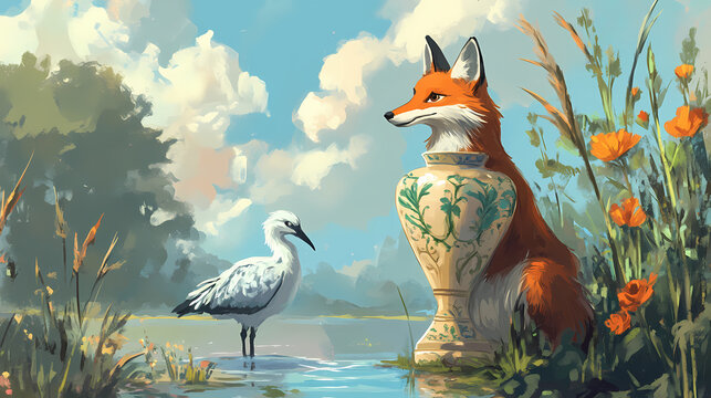 The fox and the stork, tall vase , classic fable , aesop's fables. Fable. Illustration