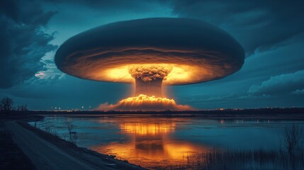 Dramatic Mushroom Cloud Explosion Over Water at Sunset with Reflections and Dark Stormy Sky