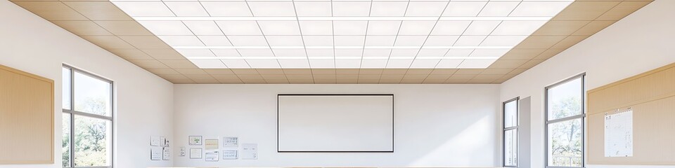 White acoustic ceiling tiles in a minimalist classroom with natural lighting