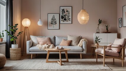 A Scandinavian-style living room illuminated with soft LED lighting, cozy textures, and a pastel color scheme.