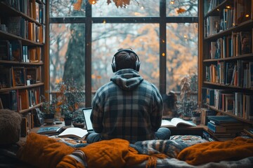 Happy Latin student man studying online with laptop and books using technology for education in cozy workspace with headphones
