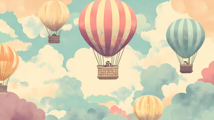 Vintage hot air balloon illustration with pastel colors, showcasing classic adventure and exploration concepts in a whimsical design. Fable. Illustration