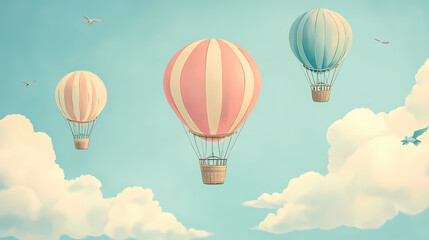 Naklejka premium Vintage hot air balloon illustration with pastel colors, showcasing classic adventure and exploration concepts in a whimsical design. Fable. Illustration