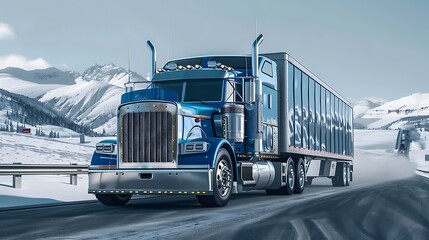 Truck on the highway with snowy mountains in the background