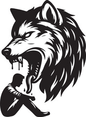 A Wolf Has Eating In The Man Silhouette vector, A Wolf Has Eating In The Man black vector illustration