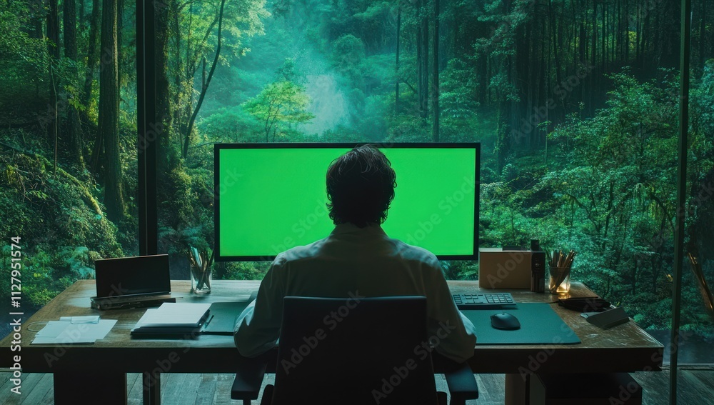 Poster man working at desk with green screen monitor, overlooking lush forest.
