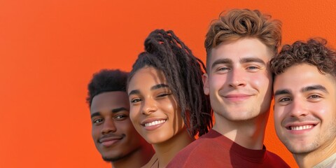 Obraz premium A cheerful group of four friends stands against a vibrant orange wall, showcasing diversity, friendship, and joyful connection in a lively atmosphere.