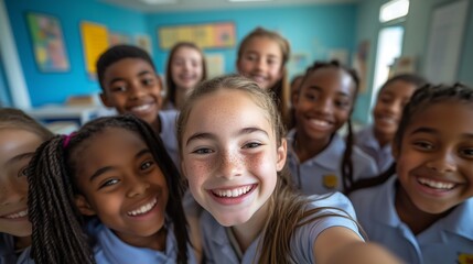 Obraz premium Group selfie of elementary school students taking a group photo at a co-educational school. Students from diverse backgrounds smile and pose happily.