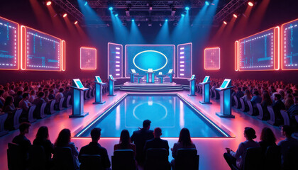 Futuristic game show set. Contestants at podiums with buzzers. Audience watching. Vibrant lighting effects. Modern design. Large screens. Audience members, contestants seated in large hall. Game show