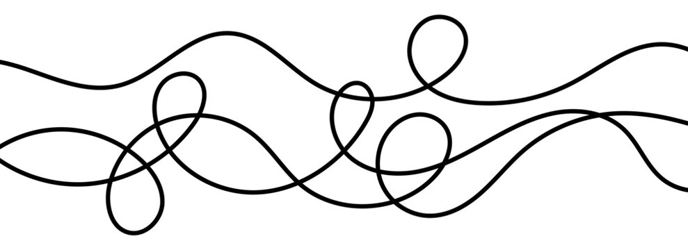 Thin squiggly lines. Wavy wiggle stripe pattern decoration. Curvy thread, string or yarn lines for ornament, decor, separate, divider. Tangled squiggle linear doodle shapes. Vector