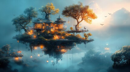 Floating island adventure sci-fi structures ablaze with light surreal landscape dreamlike atmosphere aerial view imaginative fantasy world awaiting exploration