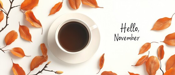 Coffee in a cup on a saucer and branches with orange leaves on a light background top view with the inscription "Hello, November",Generative AI 