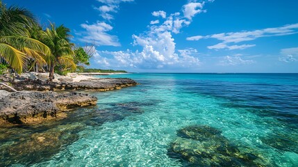 Fototapeta premium Tropical Beach Paradise. Turquoise Water, Palm Trees, and Sunny Sky.