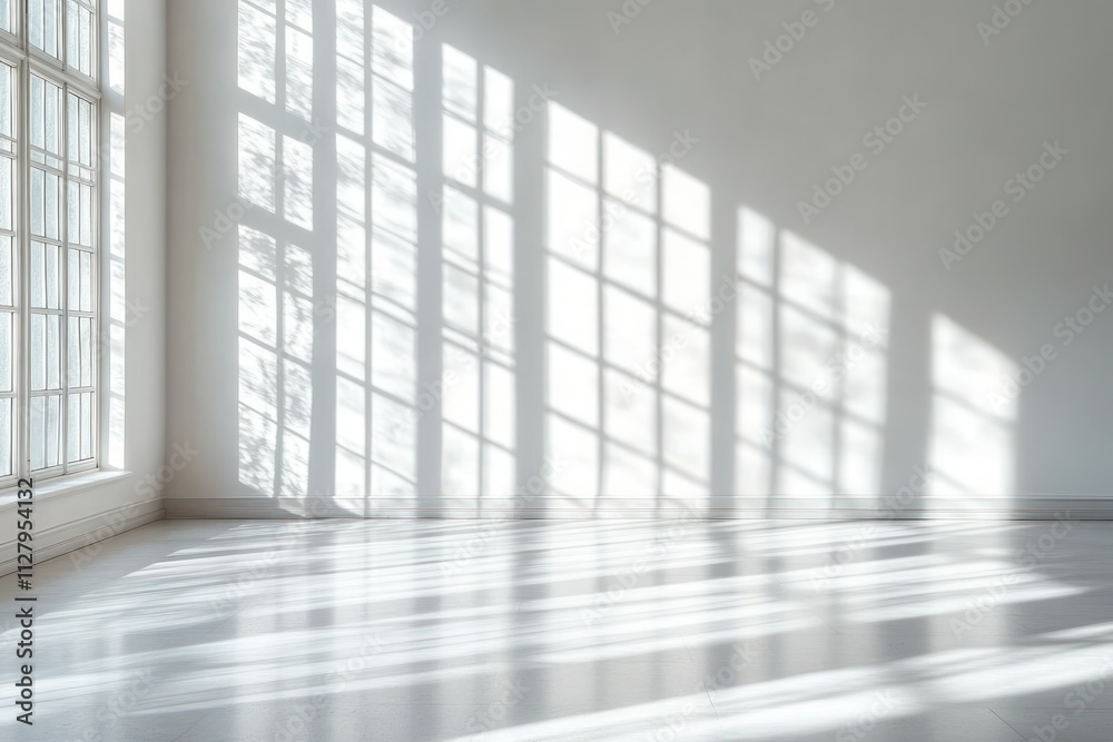 Poster light streaming through large windows in a minimalist white room