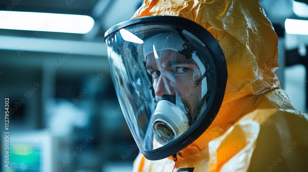 Poster in a high-tech laboratory, a scientist in a vibrant yellow hazmat suit and full face shield diligent