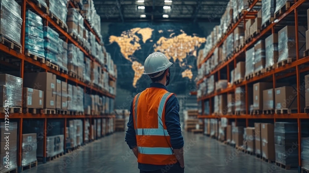 Poster worker analyzing global supply chain management map in warehouse lighting