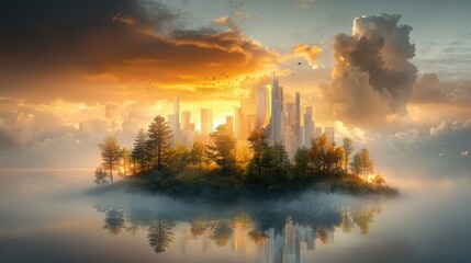 Massive floating skyscraper city island at sunset coastal urban development lush greenery serene waterway futuristic architecture concept for 2023 trends