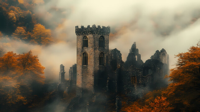 Mysterious gothic castle ruins in autumn fog captivating fantasy landscape artwork. Fable. Illustration