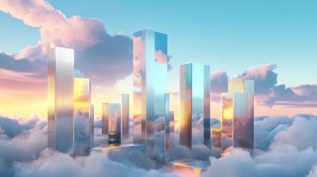 Majestic futuristic city glowing on pale blue clouds dreamlike landscape digital art vibrant environment aerial view vision of tomorrow