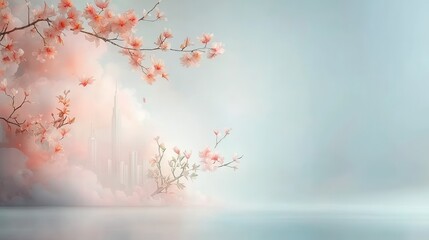Fototapeta premium Luxurious golden city suspended above soft glowing pin enchanted landscape dreamy atmosphere serene environment artistic vision for inspirational travel photography
