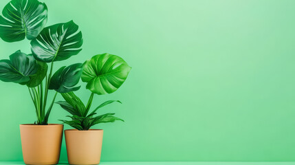 Lush green plants in pots against vibrant green background create fresh atmosphere