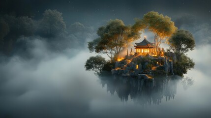 Enchanted ancient ruins surrounded by lush floating island ethereal mist digital art serene environment imaginative concept for exploration and wonder
