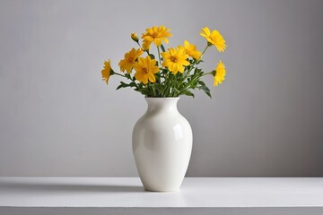 there is a white vase with yellow flowers in it on a table